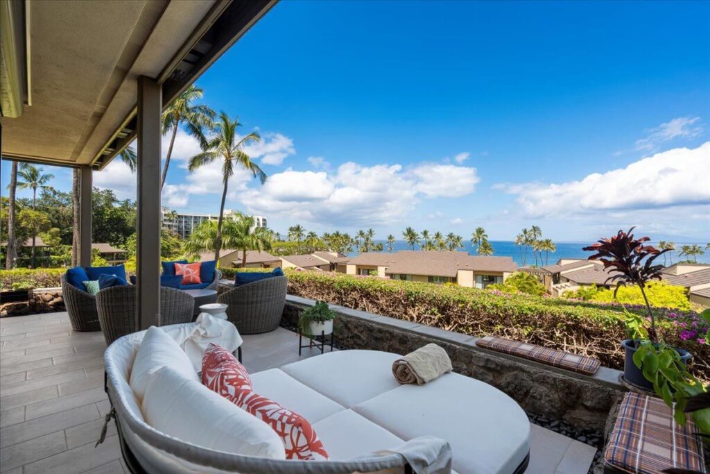 The outdoor seating area of a Hawaii rental that's part of a local property management company.