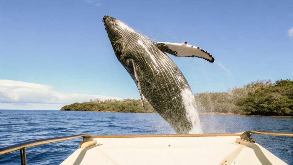 Humpback whale breaching out of the ocean in Hawaii during December winter migration